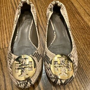 Tory Burch Snakeskin Reva Flats with Gold Emblem